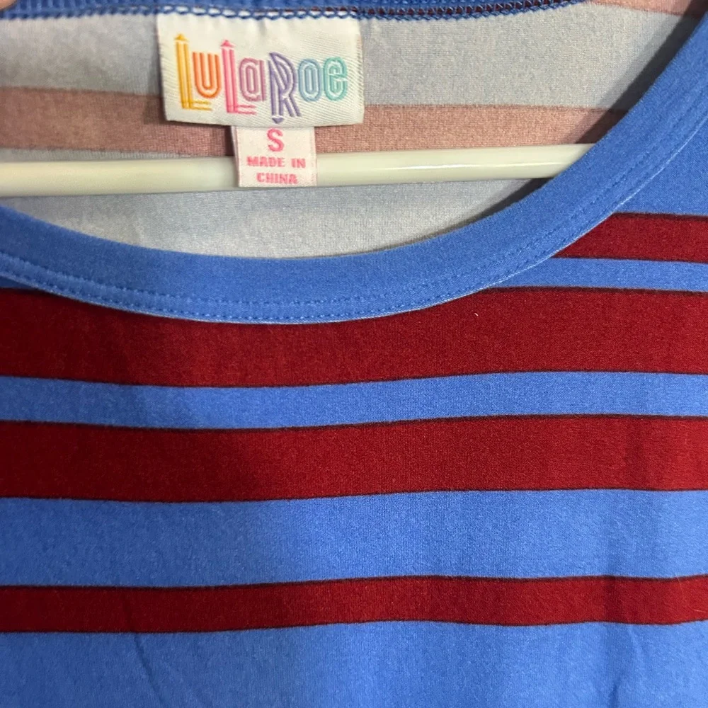 LuLaRoe Blue and Burgundy Striped Knit dress - Picture 3 of 3